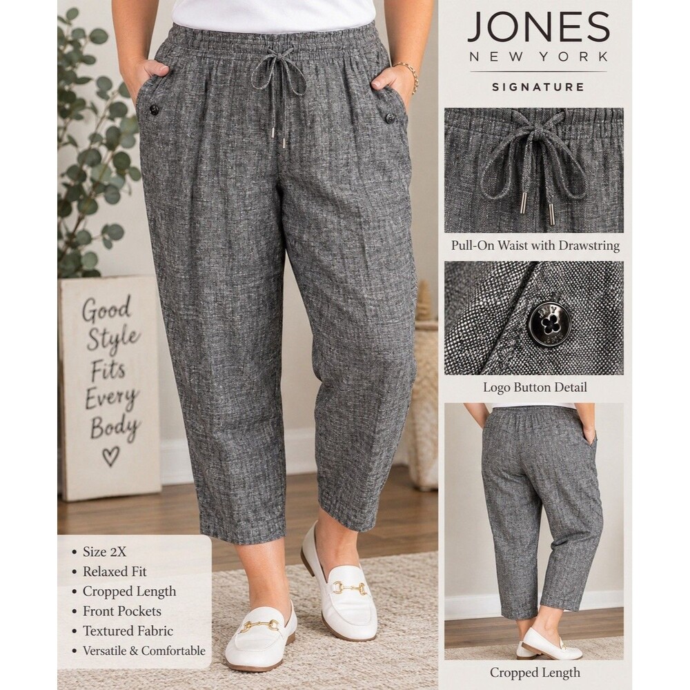 Jones New York Signature Women’s Gray Cropped Pants 2X Linen Blend Drawstring